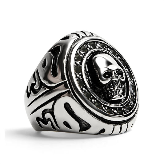 Stainless Steel Large Filigree Skull Signet Ring / SCR4012