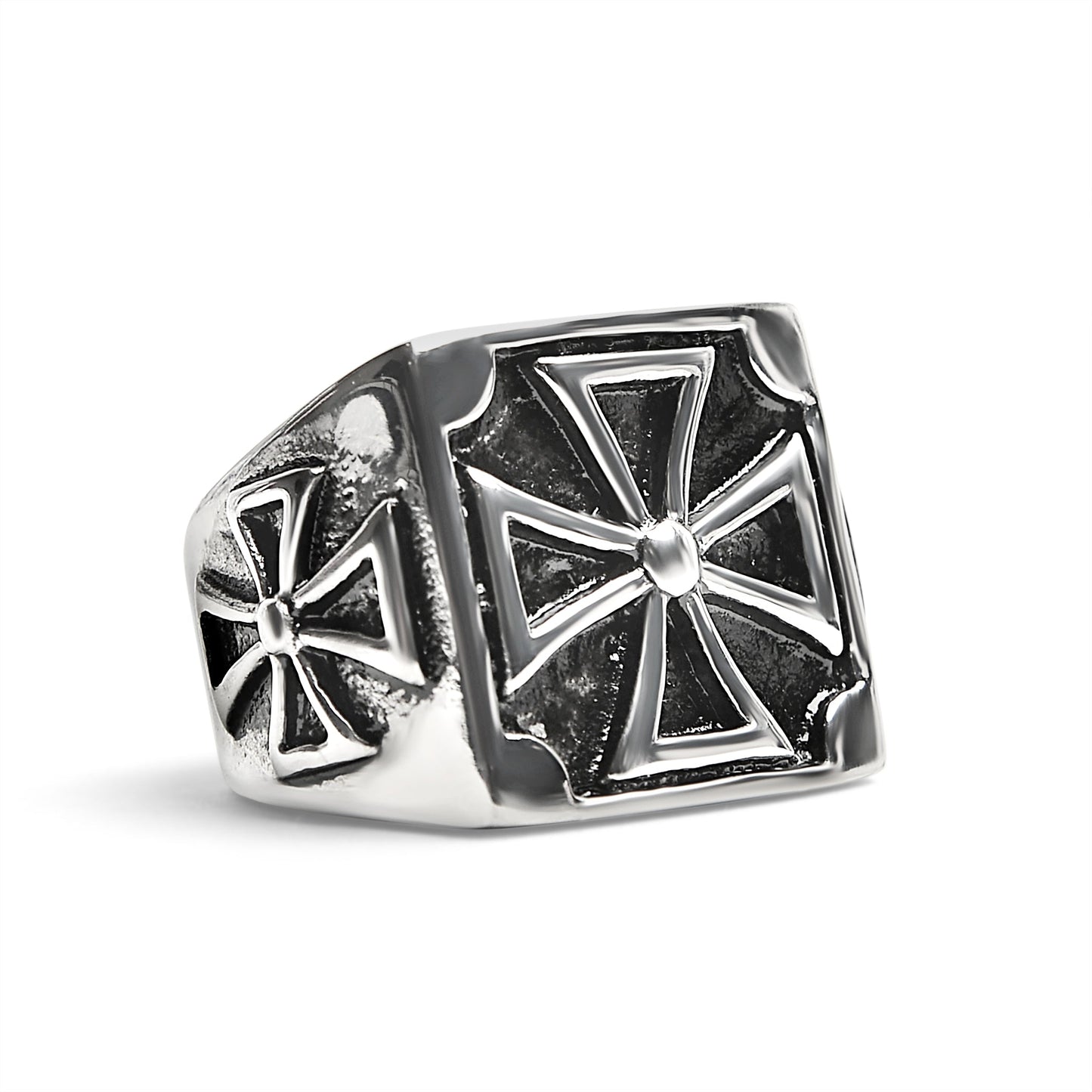 Stainless Steel Large Maltese Cross Signet Ring / SCR4014