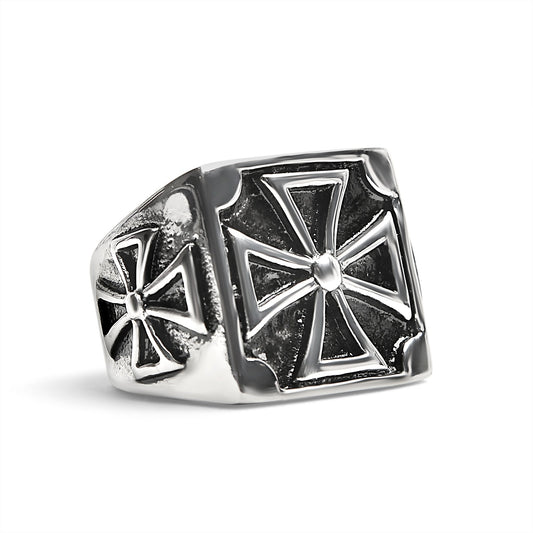 Stainless Steel Large Maltese Cross Signet Ring / SCR4014