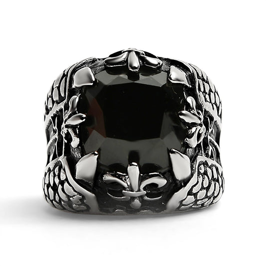 Detailed Black CZ Fleur De Lis Stone Stainless Steel Ring / SCR4021