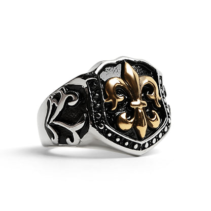Stainless Steel 18K Gold PVD Coated Fleur De Lis Shield Signet Ring / SCR4034