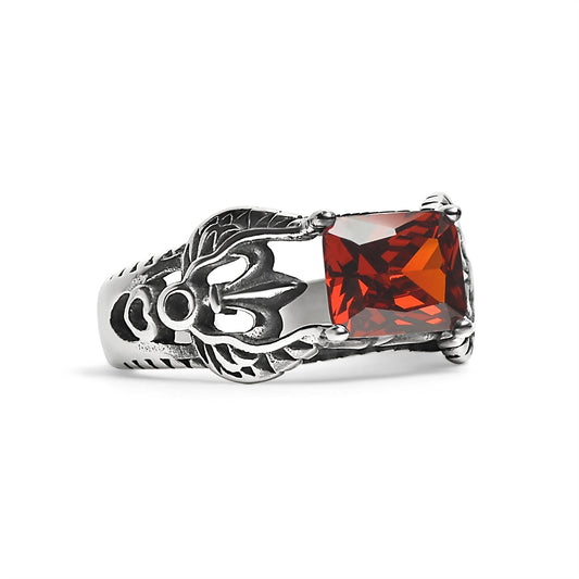 Red CZ Center Detailed Fleur De Lis Accents Stainless Steel Ring / SCR4035