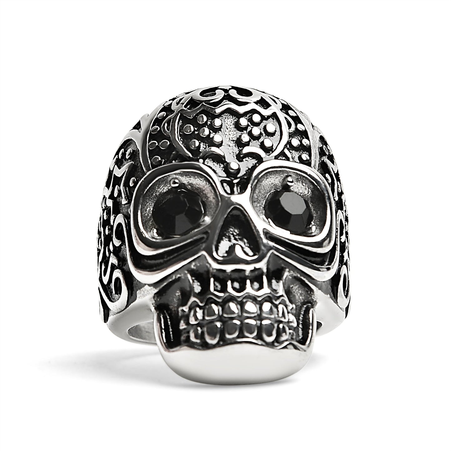 Black CZ Eyed Detailed Skull Stainless Steel Ring / SCR4045