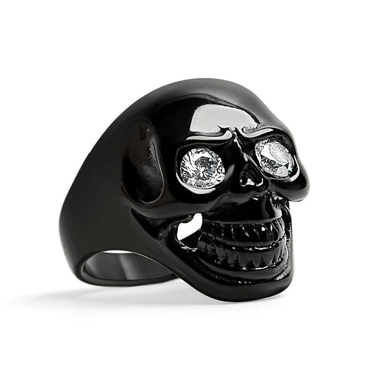 Stainless Steel Clear CZ Eyed Black Skull Ring / SCR4054