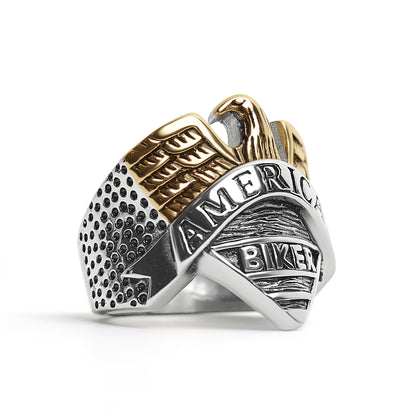 Stainless Steel "AMERICAN BIKER" With 18K Gold PVD Coated Eagle Ring / SCR4074