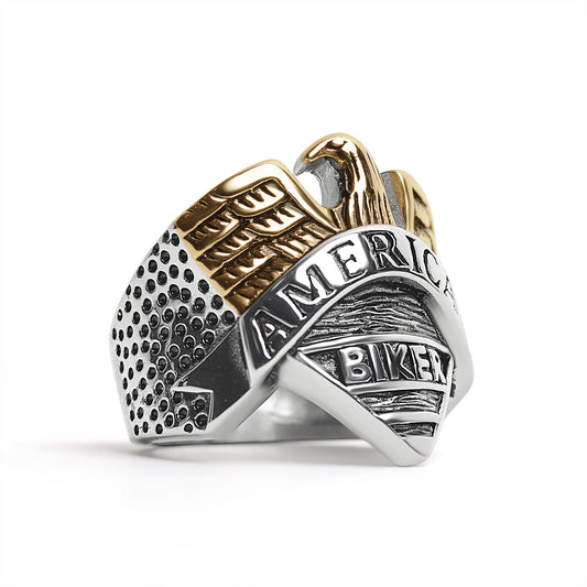 Stainless Steel "AMERICAN BIKER" With 18K Gold PVD Coated Eagle Ring / SCR4074
