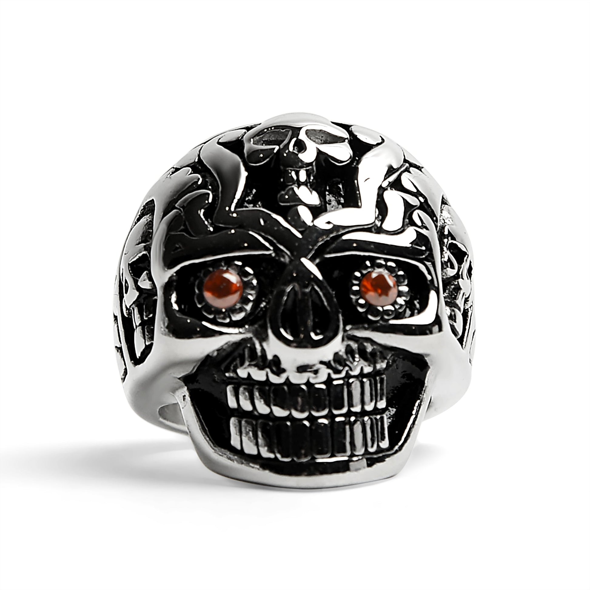 Stainless Steel Red CZ Eyed Sugar Skull Ring / SCR4088