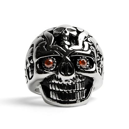 Stainless Steel Red CZ Eyed Sugar Skull Ring / SCR4088
