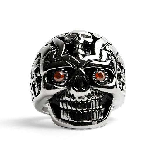 Stainless Steel Red CZ Eyed Sugar Skull Ring / SCR4088