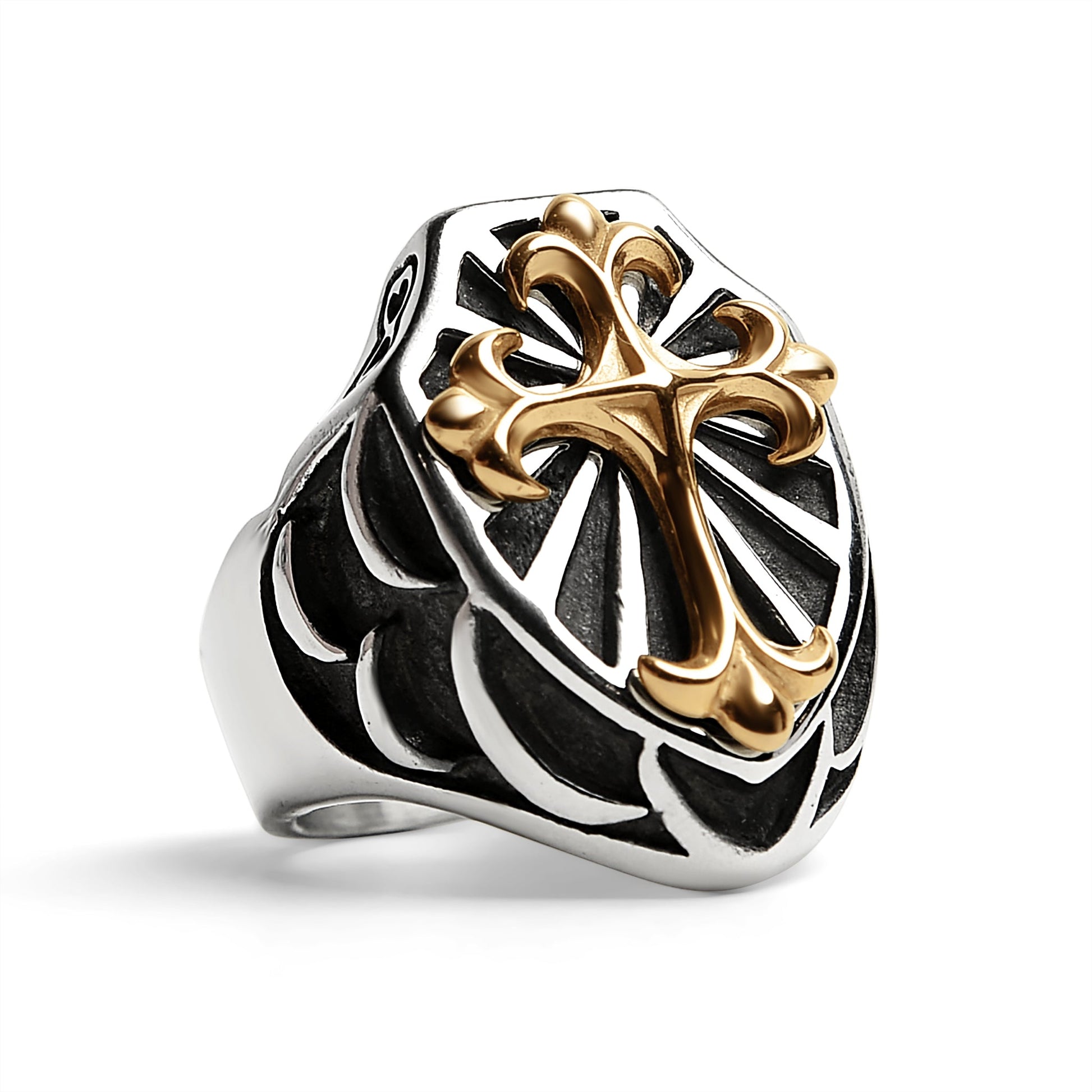 Stainless Steel 18K Gold PVD Coated Cross On Shield Signet Ring / SCR4091