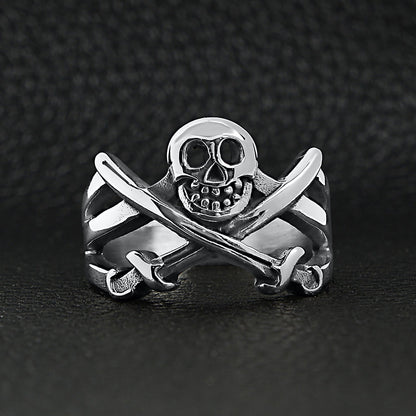 Stainless Steel Pirate Jolly Roger Skull With Crossed Swords Ring / SCR4095