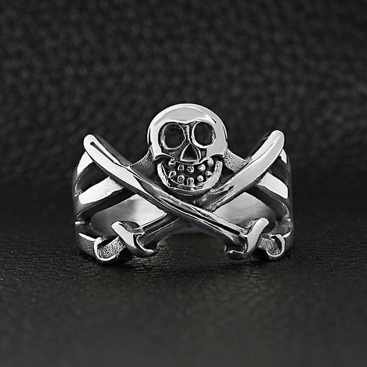 Stainless Steel Pirate Jolly Roger Skull With Crossed Swords Ring / SCR4095