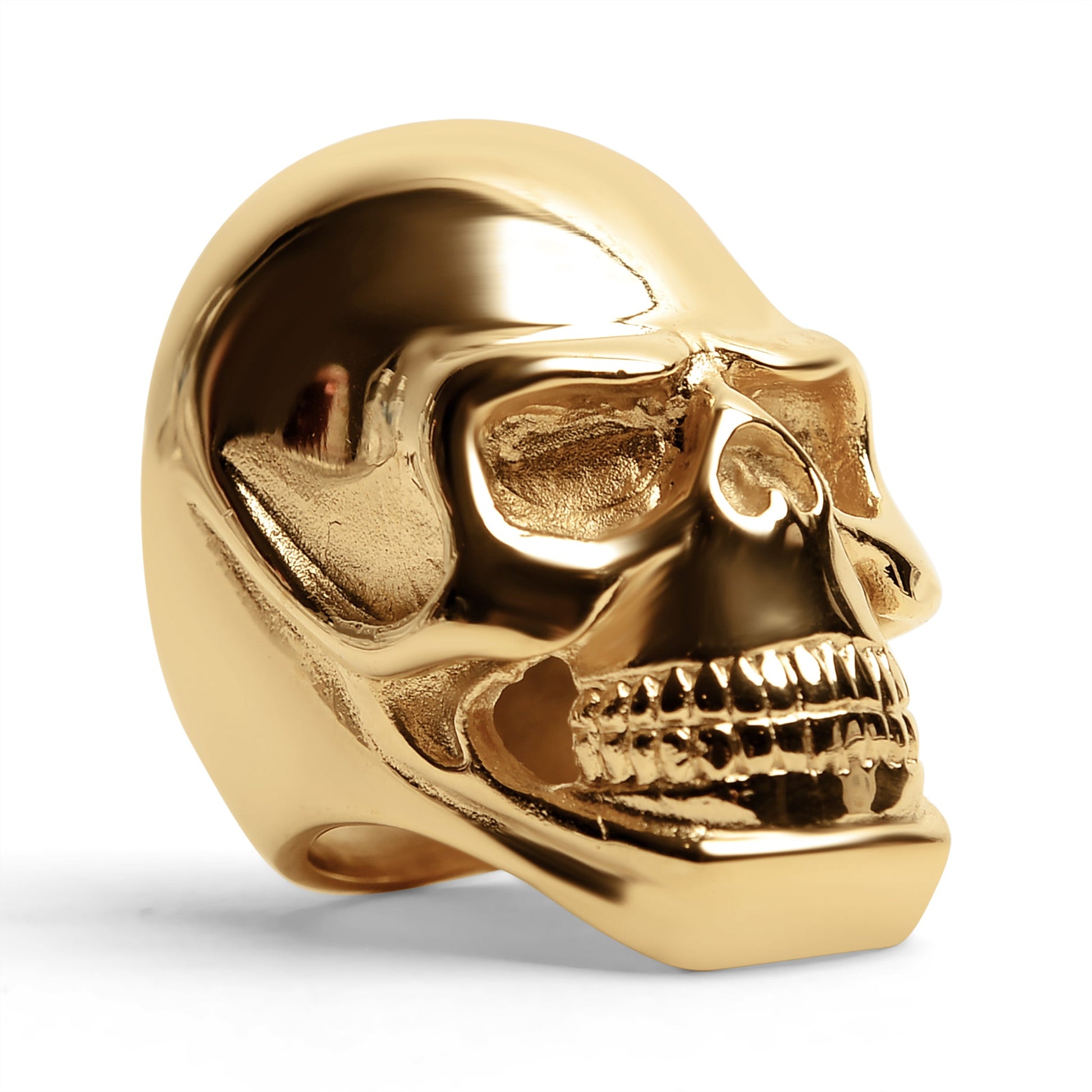 Detailed 18K Gold PVD Coated Grinning Skull Stainless Steel Ring / SCR4110