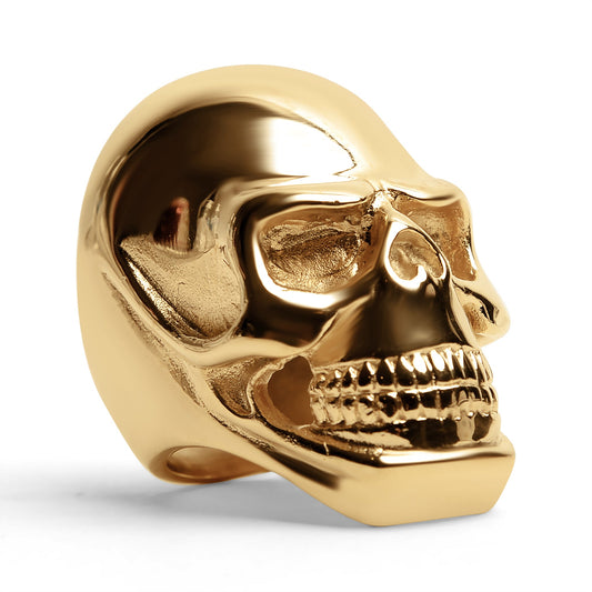 Detailed 18K Gold PVD Coated Grinning Skull Stainless Steel Ring / SCR4110