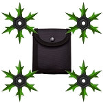 4 Pc Set Green and Black Finish Six Point Throwing Ninja Stars Snowflake Shurikens