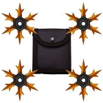 4 Pc Set Orange and Black Finish Six Point Throwing Ninja Stars Snowflake Shurikens