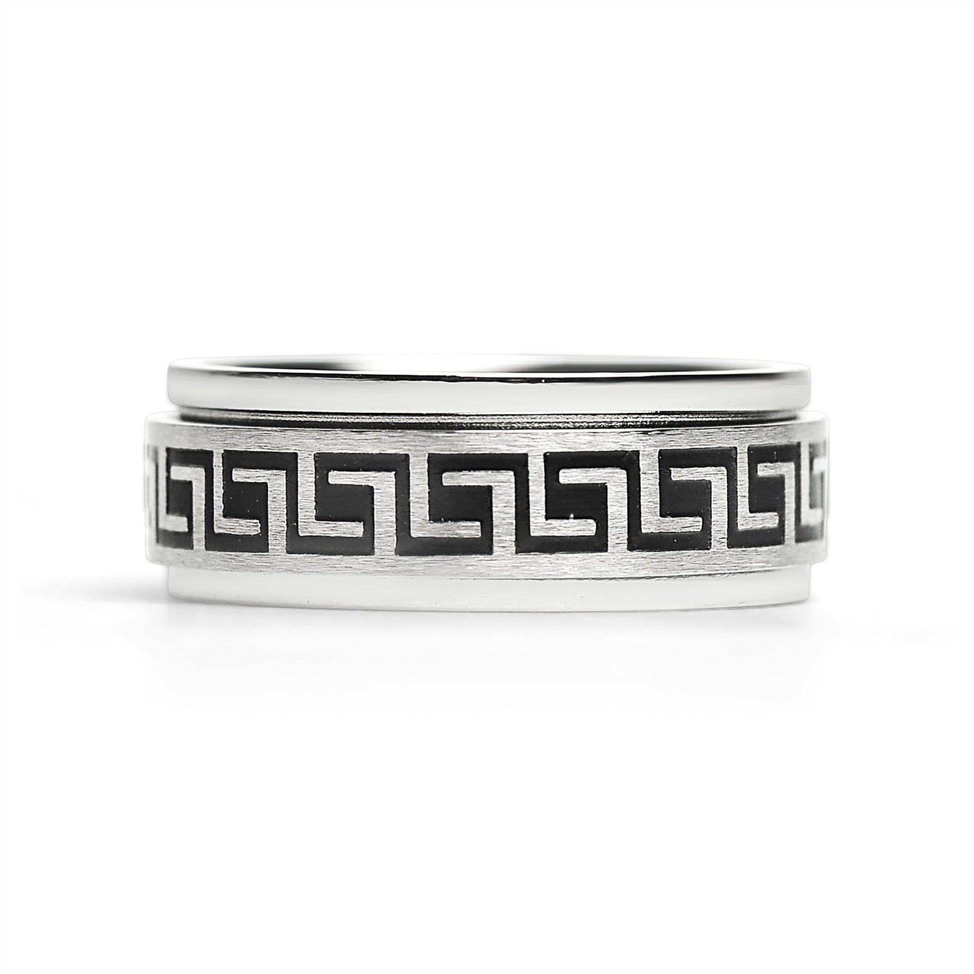 Stainless Steel Black Greek Key Spinner Center Polished Ring / SRJ2056