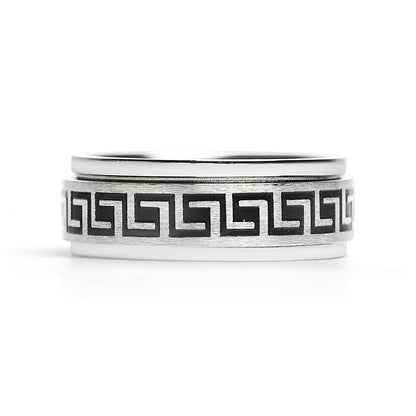 Stainless Steel Black Greek Key Spinner Center Polished Ring / SRJ2056
