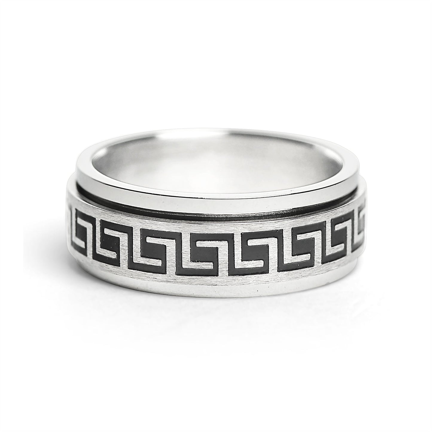 Stainless Steel Black Greek Key Spinner Center Polished Ring / SRJ2056