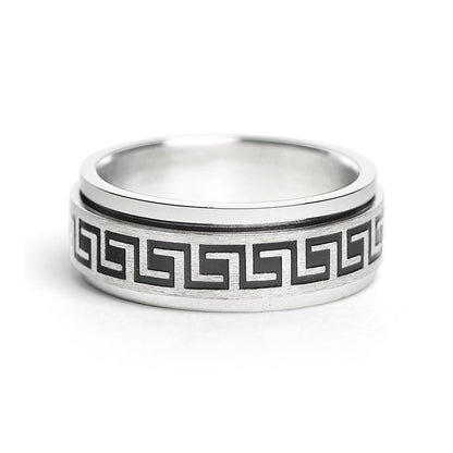 Stainless Steel Black Greek Key Spinner Center Polished Ring / SRJ2056