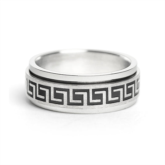 Stainless Steel Black Greek Key Spinner Center Polished Ring / SRJ2056