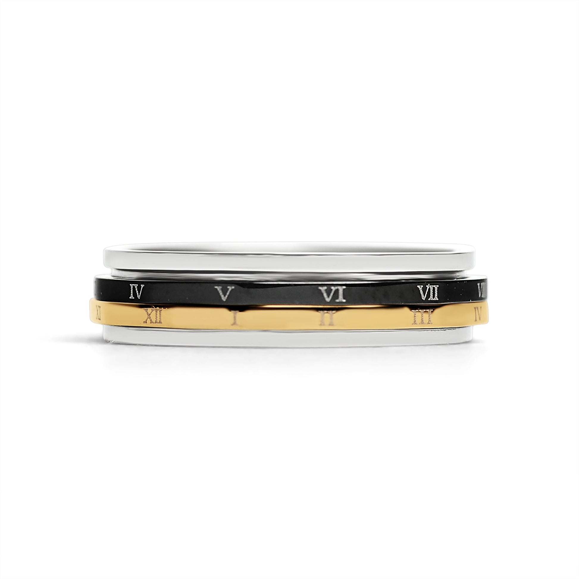 18K Gold PVD Stainless Steel & Black Roman Numerals Spinner Ring / SSU011