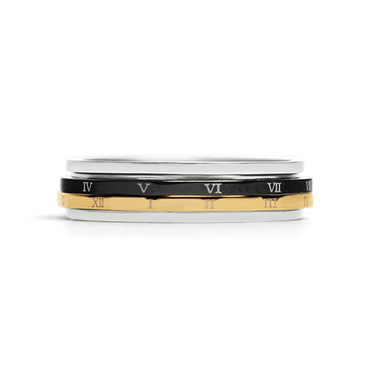18K Gold PVD Stainless Steel & Black Roman Numerals Spinner Ring / SSU011