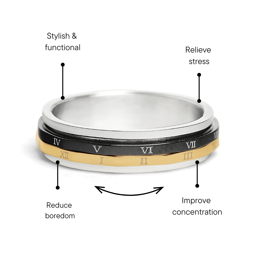 18K Gold PVD Stainless Steel & Black Roman Numerals Spinner Ring / SSU011