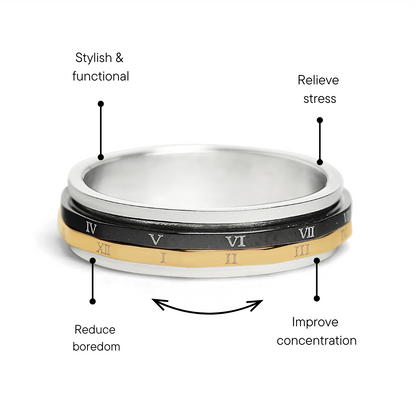 18K Gold PVD Stainless Steel & Black Roman Numerals Spinner Ring / SSU011