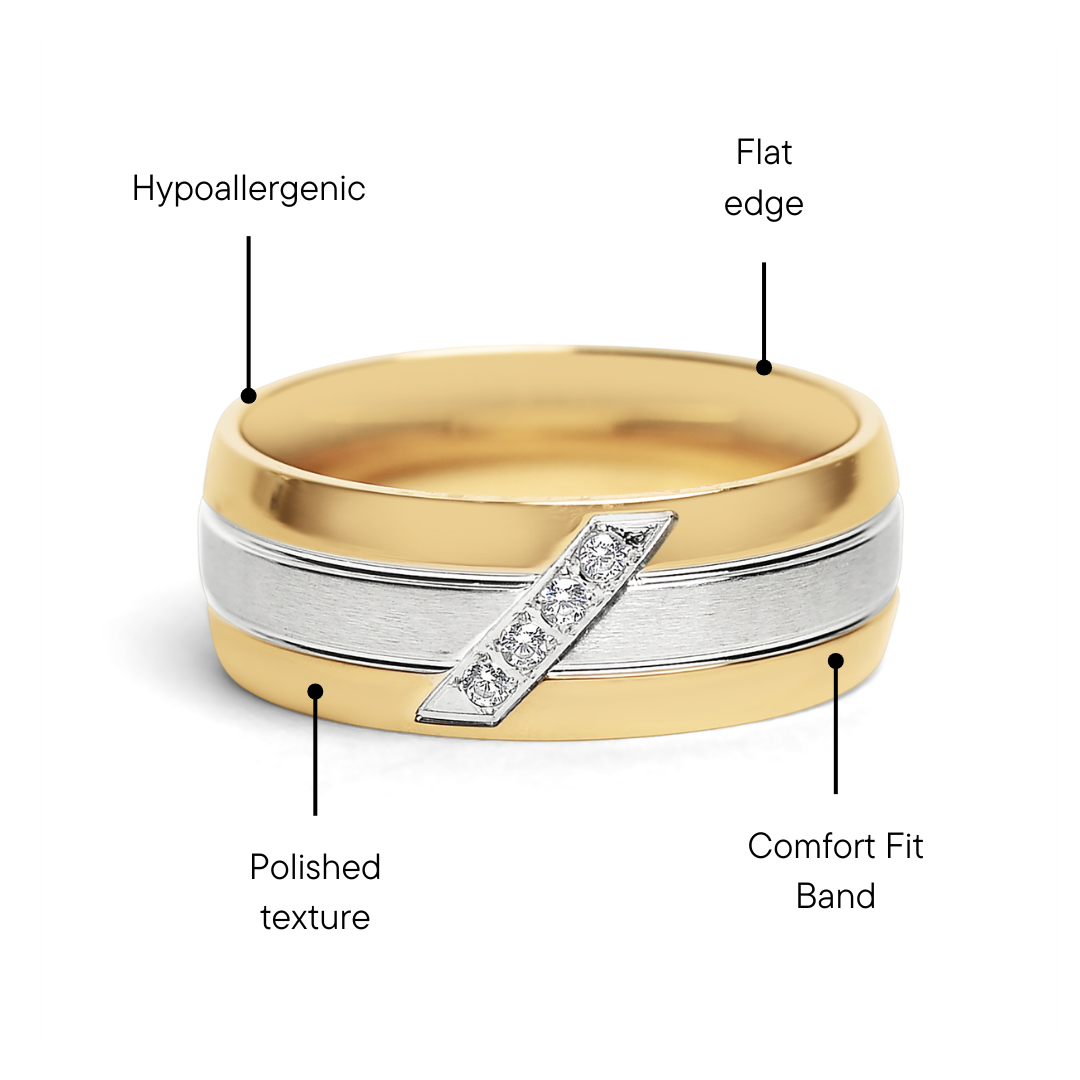 Gold Polished Groove Pattern Stainless Steel Ring With CZ Accents / ZRJ0030