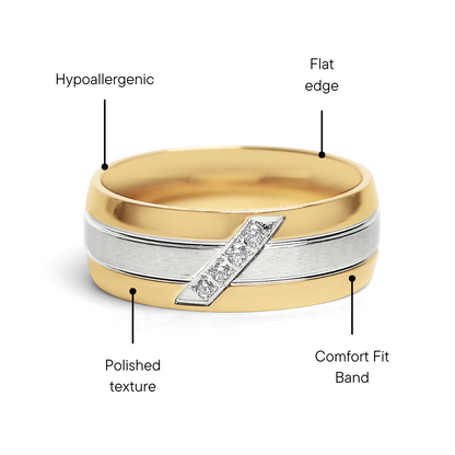 Gold Polished Groove Pattern Stainless Steel Ring With CZ Accents / ZRJ0030