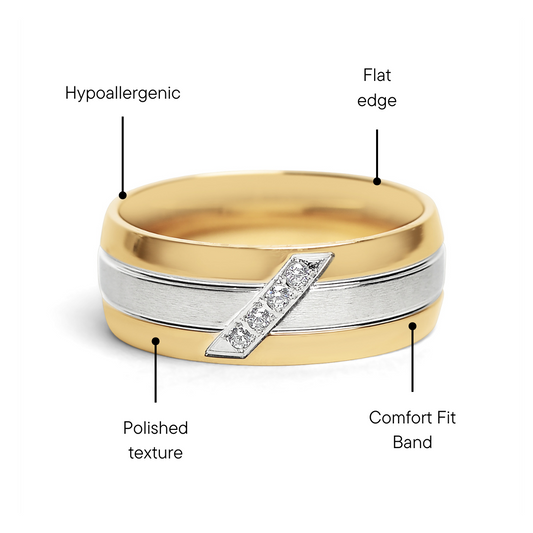 Gold Polished Groove Pattern Stainless Steel Ring With CZ Accents / ZRJ0030