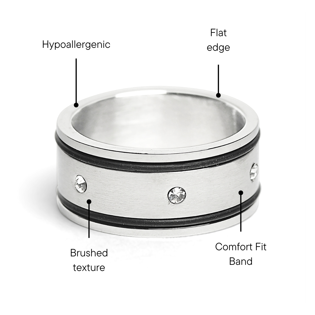 CZ Stones With Rubber Accents Highly Polished Stainless Steel Ring / ZRJ2013