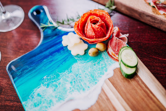 Custom Engraved Charcuterie Board – Ocean Resin Acacia Cutting Board – Personalized Wedding Gift