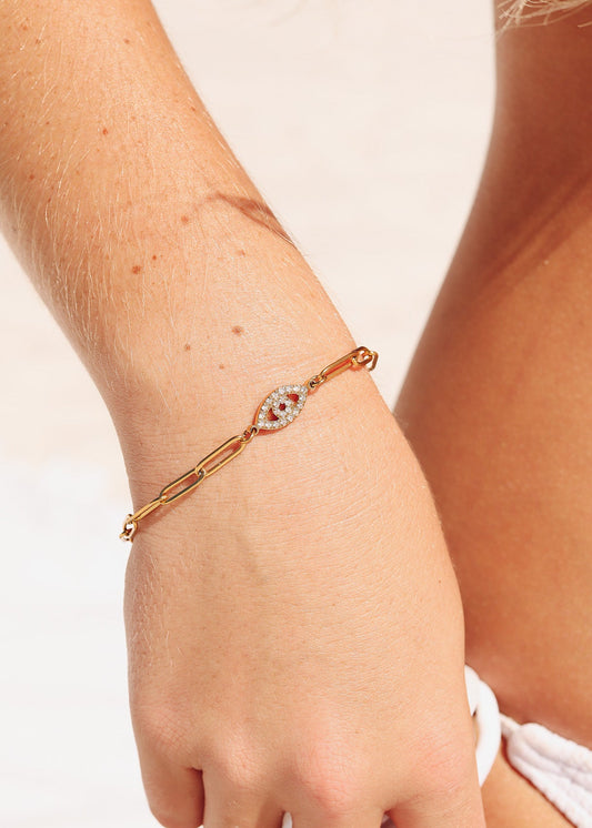 18K Gold PVD Stainless Steel Stone "Evil Eye" Paperclip Chain Bracelet / BRJ1005