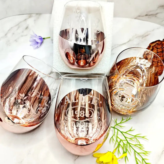 17OZ Stemless Personalized Glass Tumblers with Rose Gold Finish – Custom Etched Drinkware for Ladies, Moms, Grandma & Friends – Perfect for Birthdays, Holidays & Anniversaries