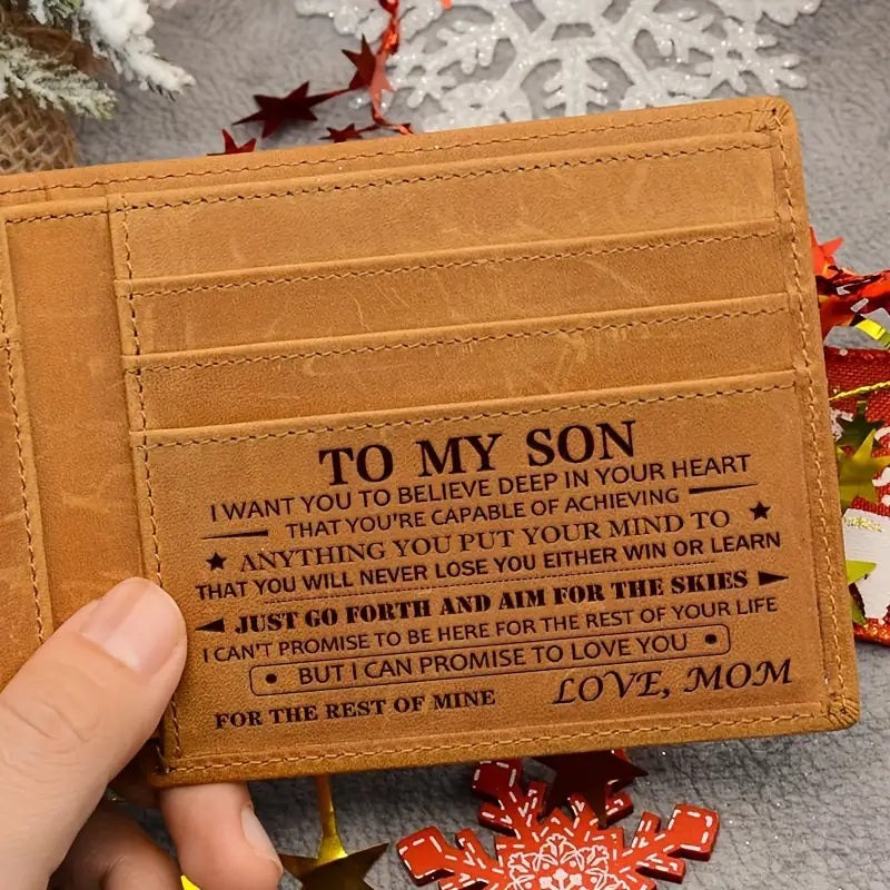 Personalized Leather Wallet for Son from Mom – Engraved Men’s Wallet – Perfect Christmas Gift Customizable