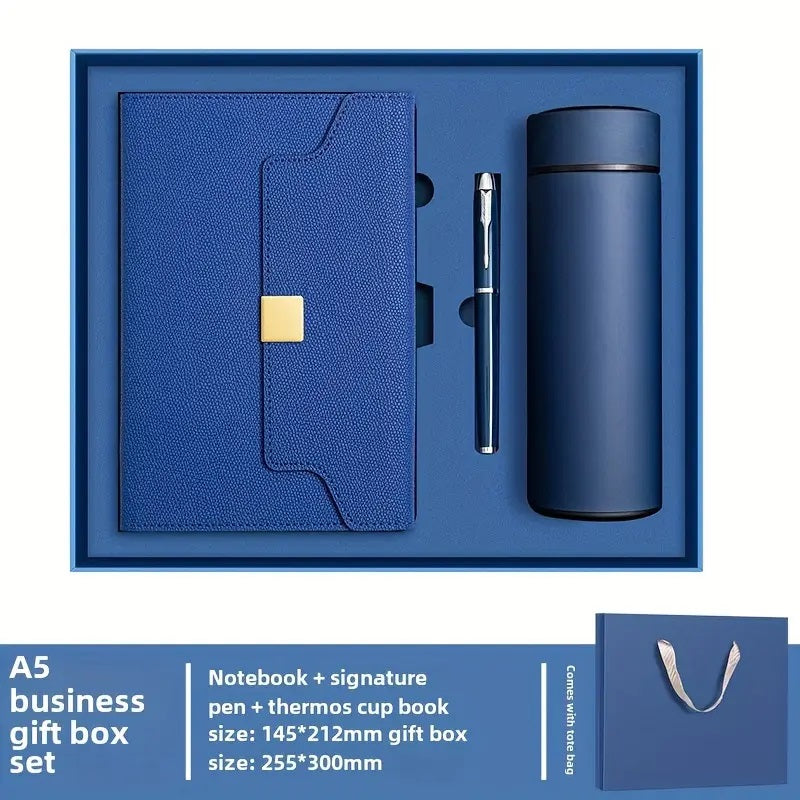 Customizable Vintage Style Business Gift Set – Leather Notebook, Pen & Insulated Water Bottle in Elegant Gift Box