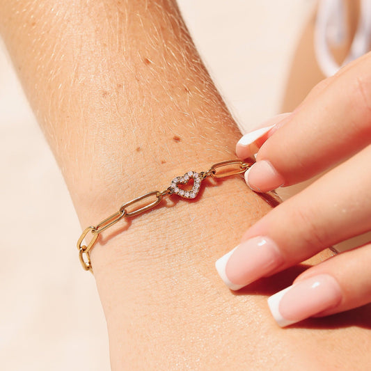 18K Gold PVD Stainless Steel Stone "Heart" Paperclip Chain Bracelet / BRJ1006