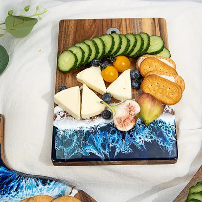 Ocean-Inspired Personalized Cutting Board – Custom Engraved Acacia Wood with Resin Wavy Design, Perfect Wedding & Housewarming Gift