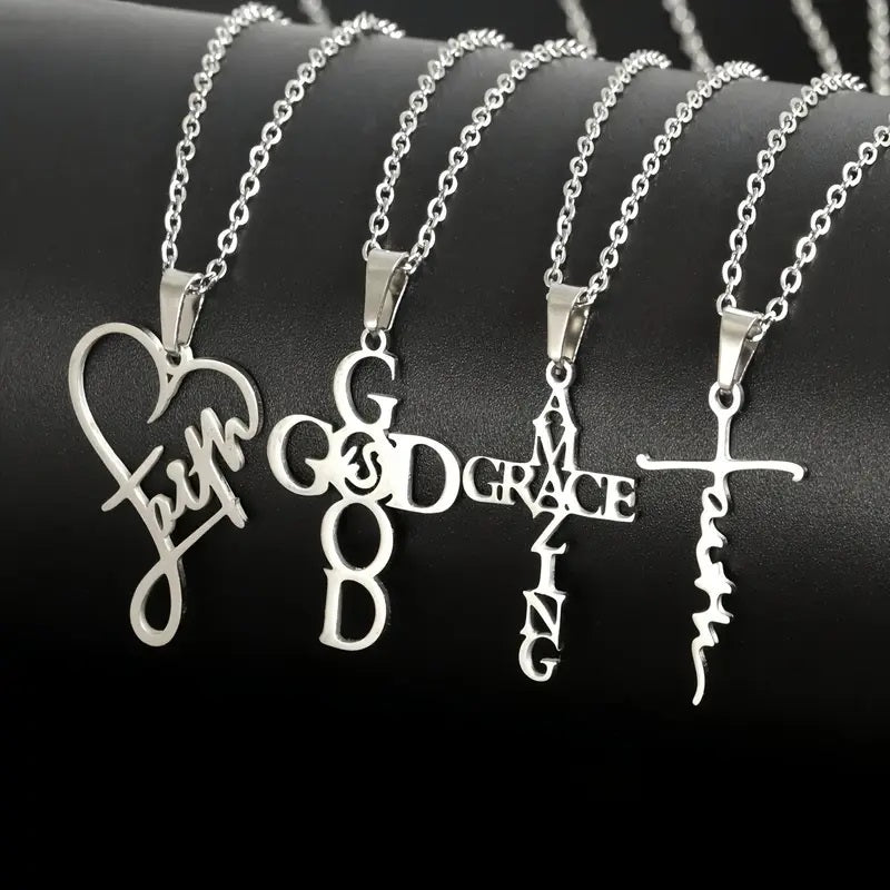 Personalized 4pcs Stainless Steel Faith Pendant Necklace Set for Women – Inspirational Words Jewelry – Custom Birthday Gift