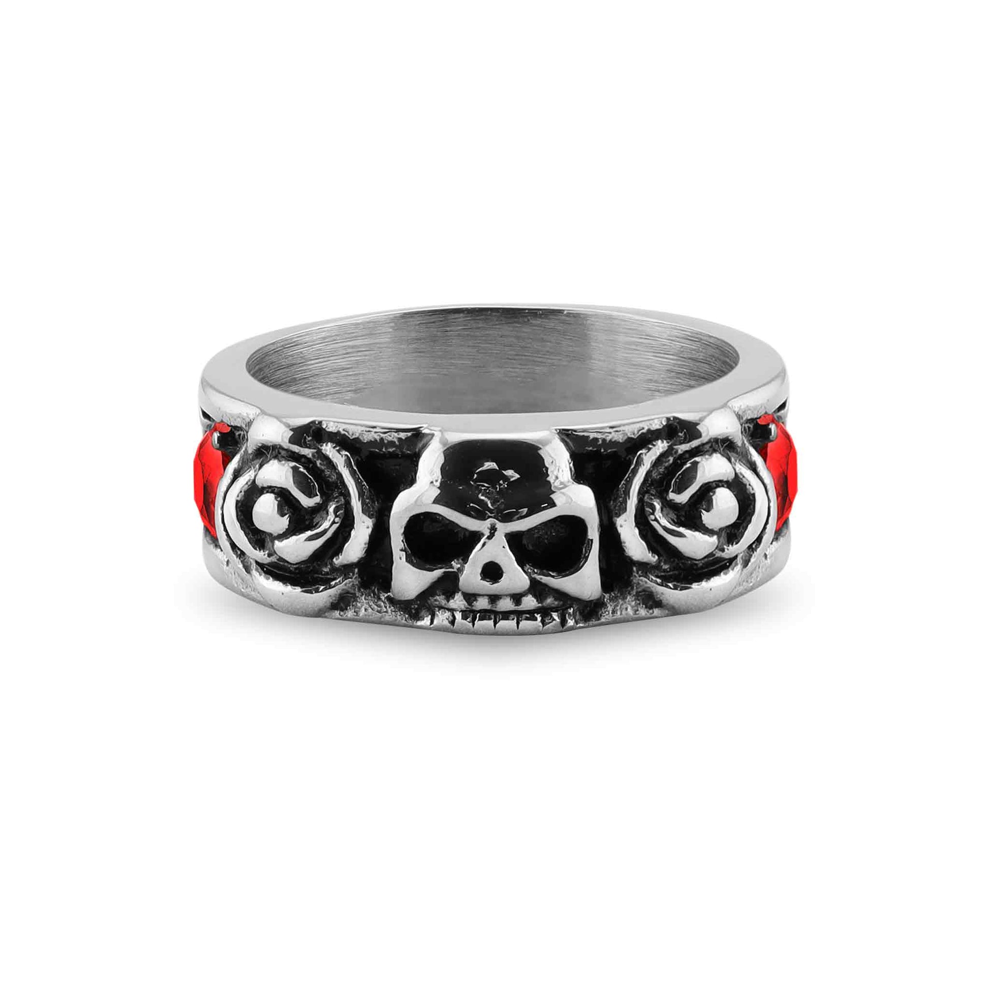 Stainless Steel Skull And Roses Red CZ Accent Ring / SCR3079