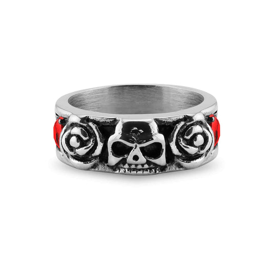 Stainless Steel Skull And Roses Red CZ Accent Ring / SCR3079