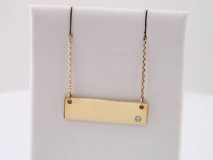 14K Yellow Gold .03 CT Natural Diamond Engravable Bar 17" Necklace