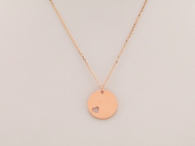 14K Rose Gold Engravable Pierced Heart Disc 16-18" Necklace