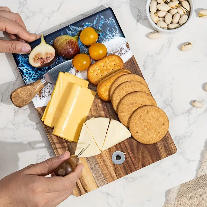 Ocean-Inspired Personalized Cutting Board – Custom Engraved Acacia Wood with Resin Wavy Design, Perfect Wedding & Housewarming Gift