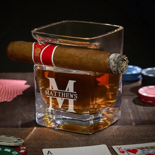 Custom Engraved Whiskey Glass with Cigar Holder – Perfect Gift for Him, Groomsmen, Fathers & Grandfathers – Ideal for Anniversaries & Retirement