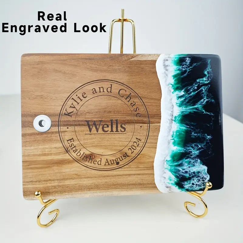 Ocean-Inspired Personalized Cutting Board – Custom Engraved Acacia Wood with Resin Wavy Design, Perfect Wedding & Housewarming Gift